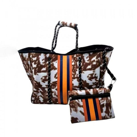Neoprene Cow Print Tote Bag with Pouch-Brown – Little Tipsy Boutique