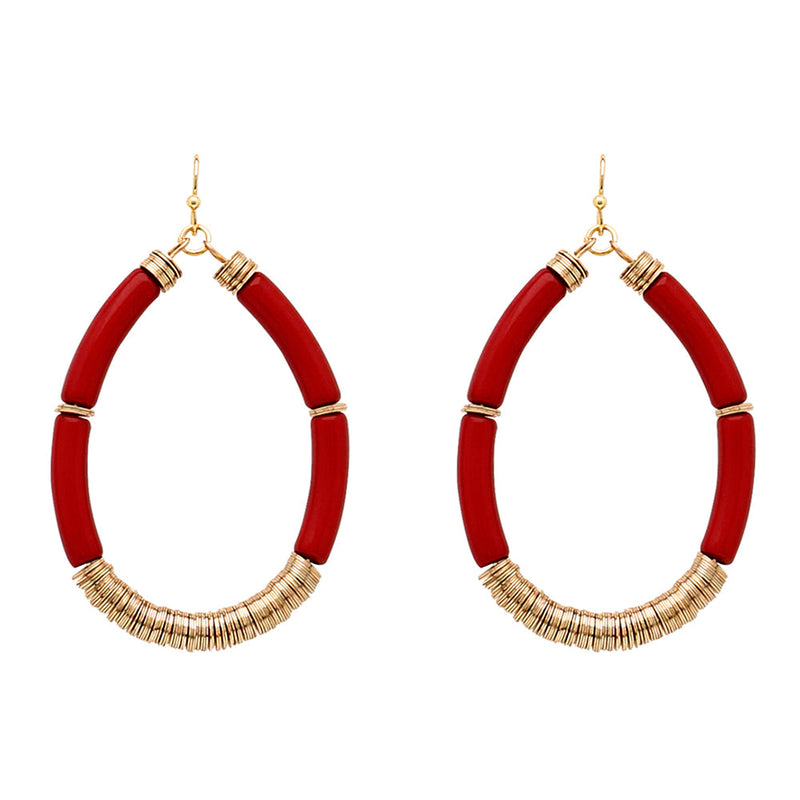 Oval Arcrylic Tube & Disc Bead Drop Earrings-Red