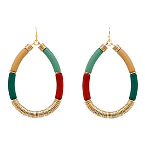 Oval Arcrylic Tube & Disc Bead Drop Earrings-Red/Green