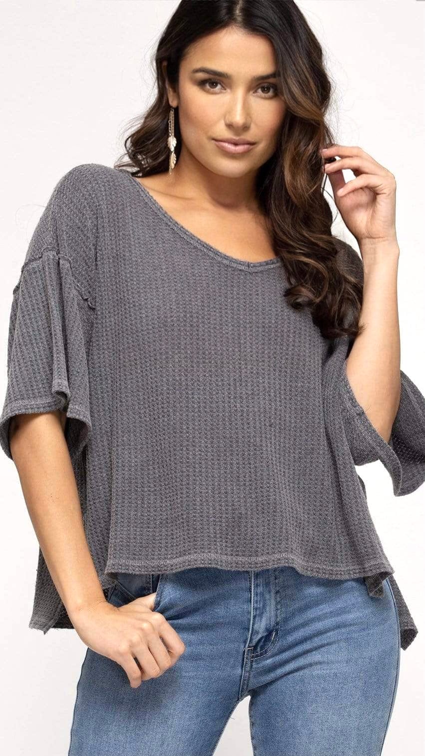 Oversized Garment Dyed Waffle Knit Top-Grey