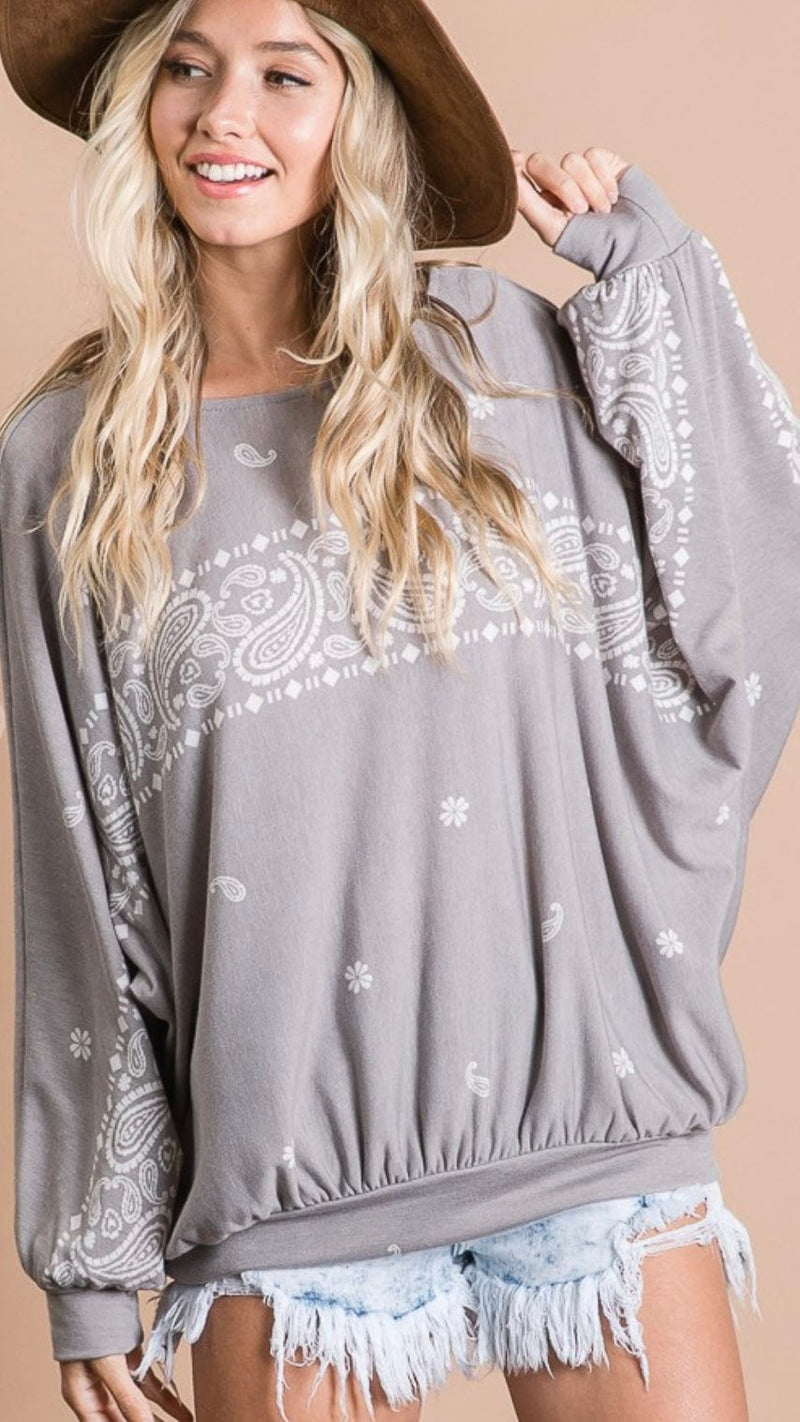 Paisley Print French Terry Top-Grey