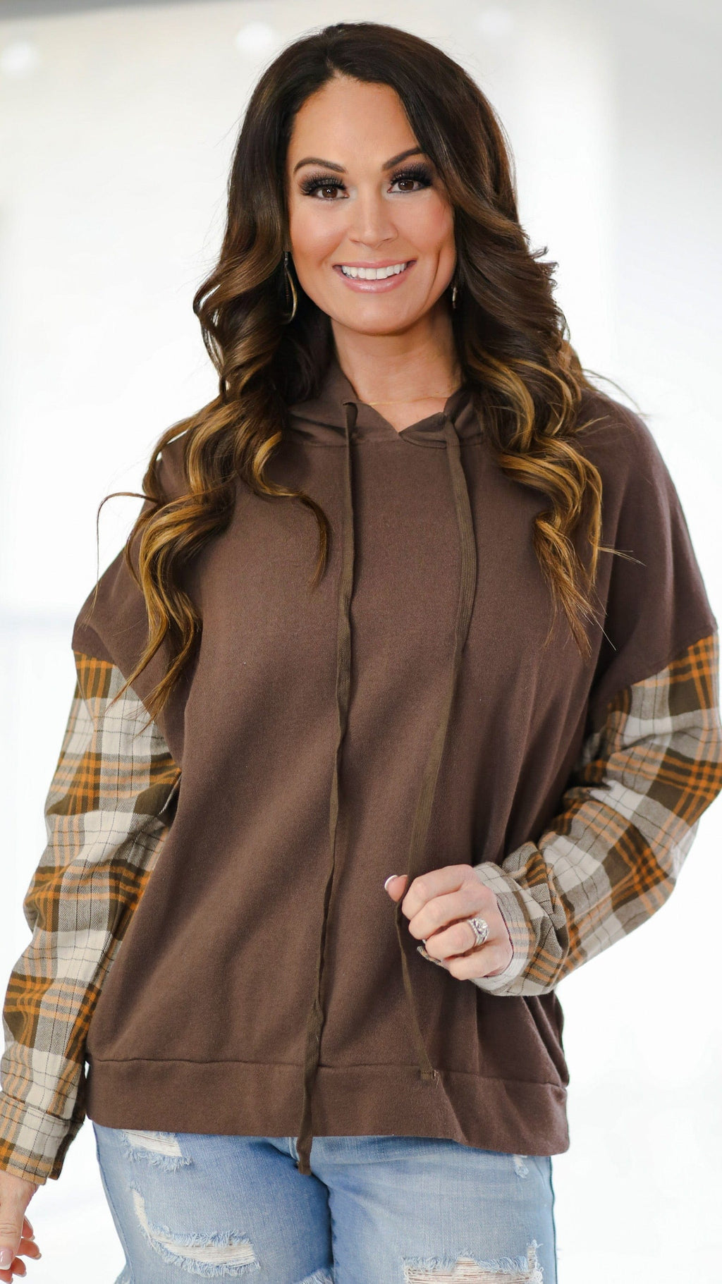Plaid Sleeve Hoodie-Brown Mix
