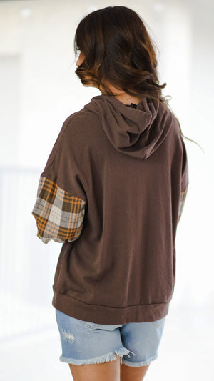 Plaid Sleeve Hoodie-Brown Mix