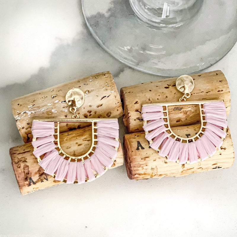 Raffia Half Circle Drop Earrings-Pink