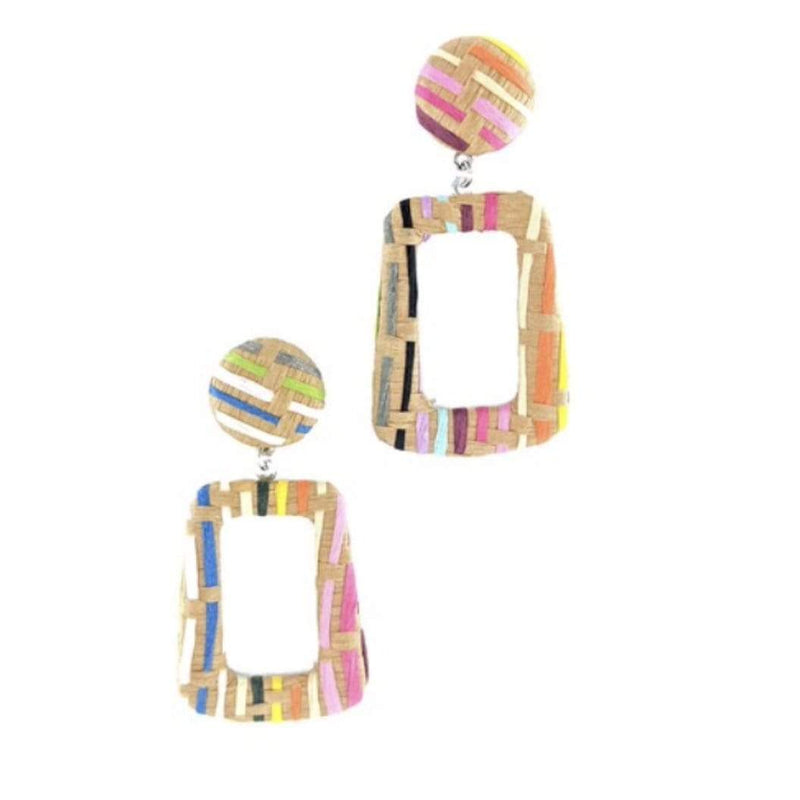 Rectangle Drop Plaid Raffia Earrings-Multi Color