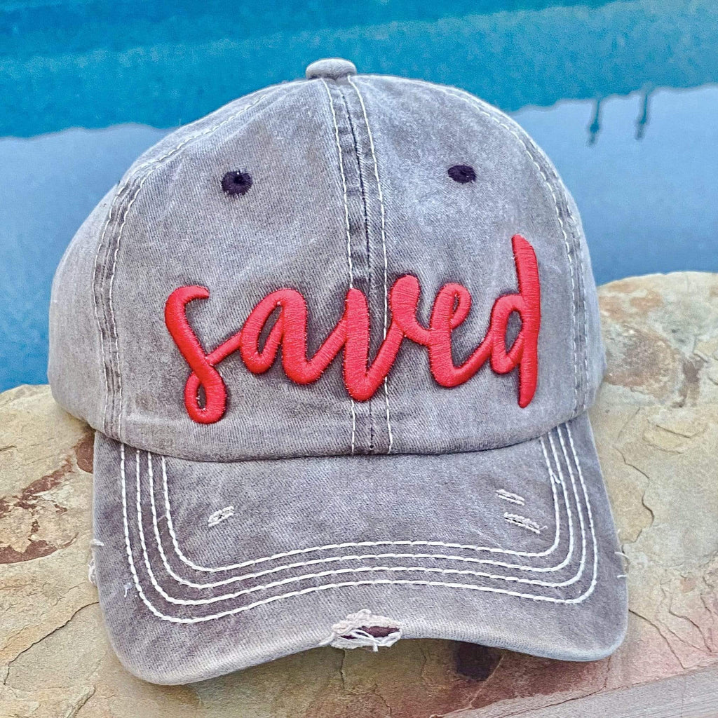 Red saved Embroidery Distressed Baseball Cap-Grey