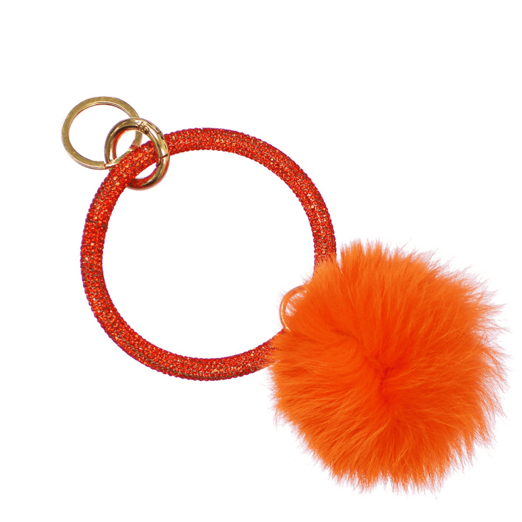 Rhinestone Wristlet Keychain Bracelet with attachable Fur Ball Pom Charm-Orange