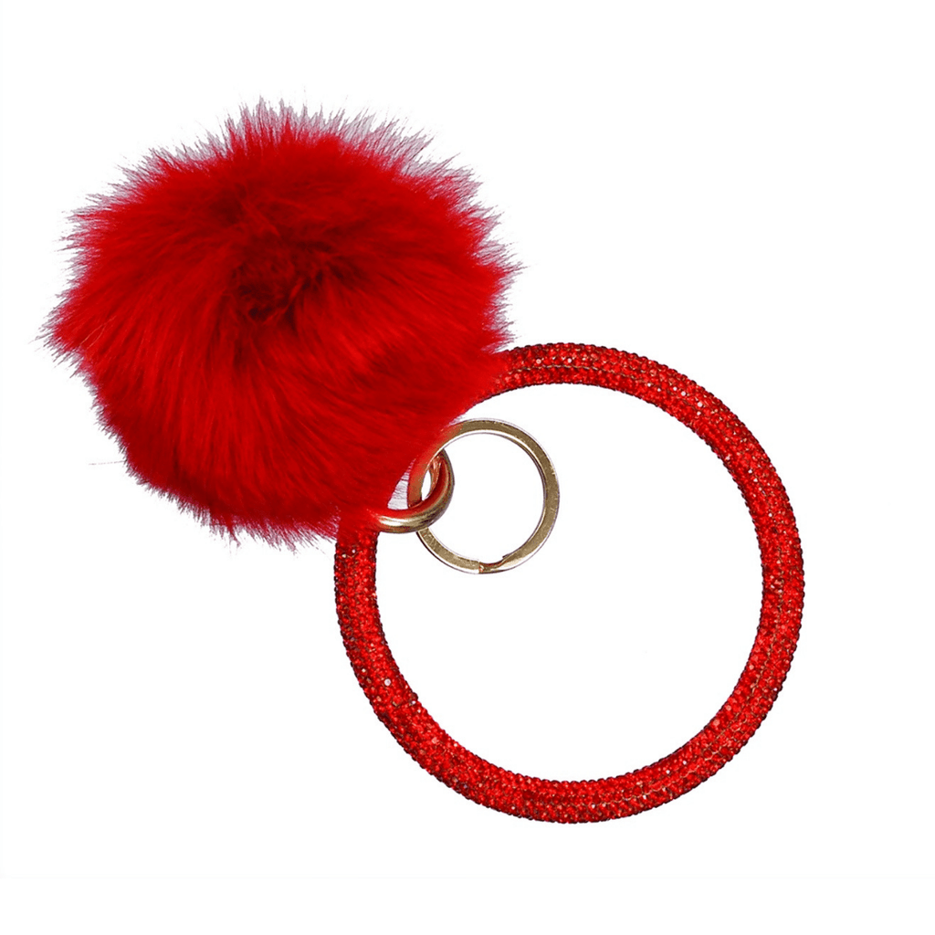 Rhinestone Wristlet Keychain Bracelet with attachable Fur Ball Pom Charm-Red
