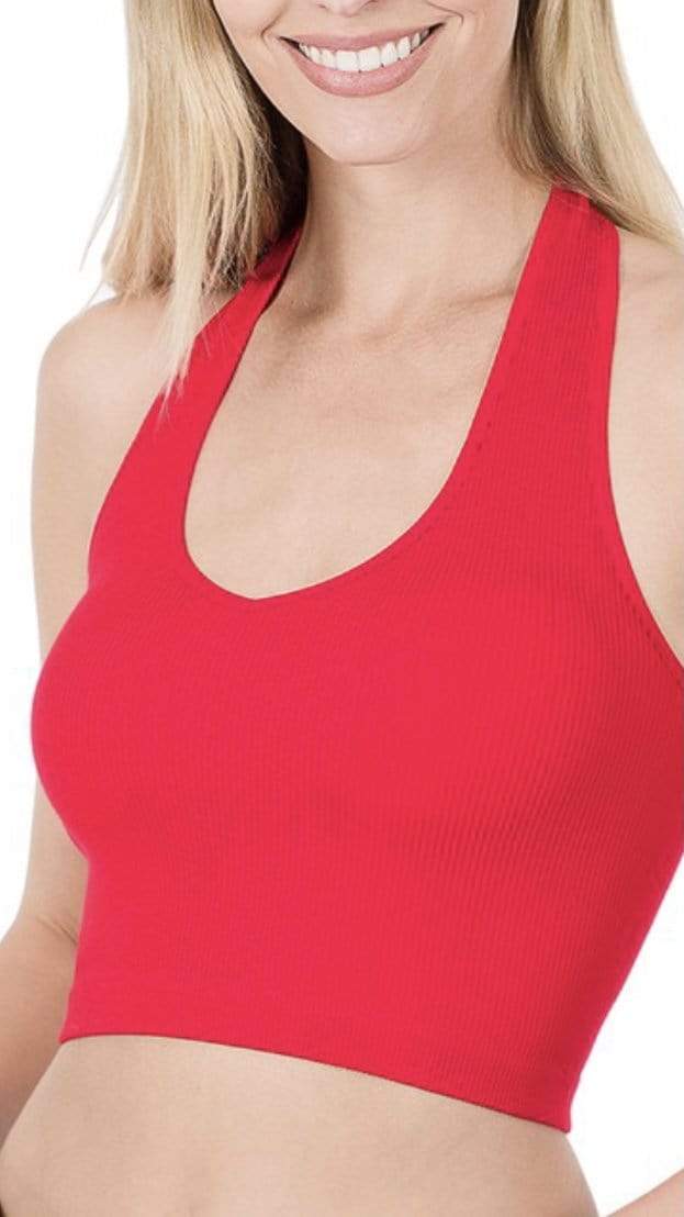 Ribbed Seamless Halter Top-Red
