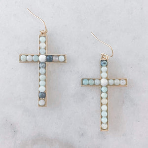 Round Natural Stone Cross Earrings-Blue Marble