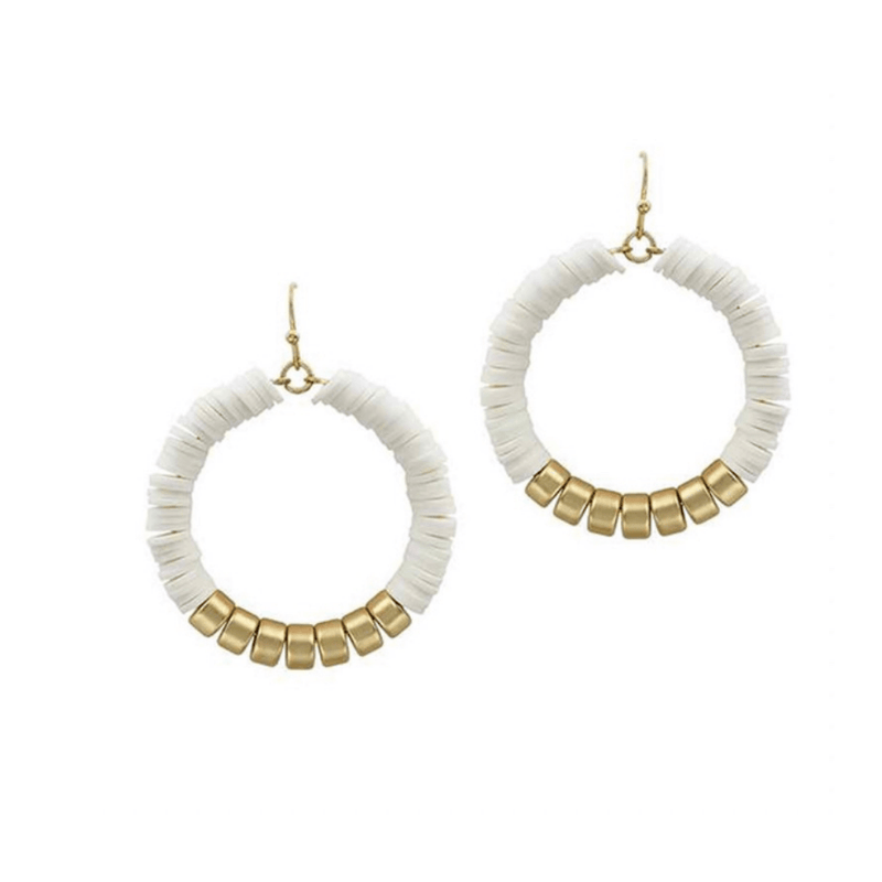 Round Rubber Disc with Gold Bead Earrings-White