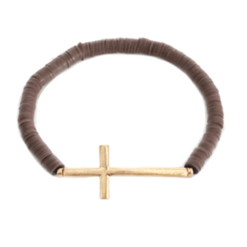 Rubber Disc Stretch Bracelet with Gold Metal Cross-Taupe