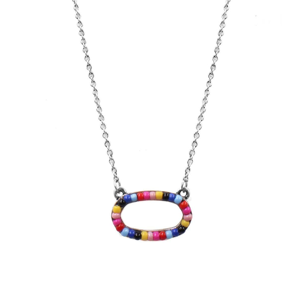 Seed Bead Oval Pendant Necklace-Multicolor