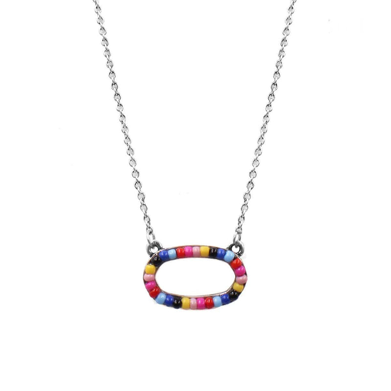 Seed Bead Oval Pendant Necklace-Multicolor