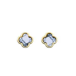 Semi Precious Stone Clover Shaped Stud Earrings-White