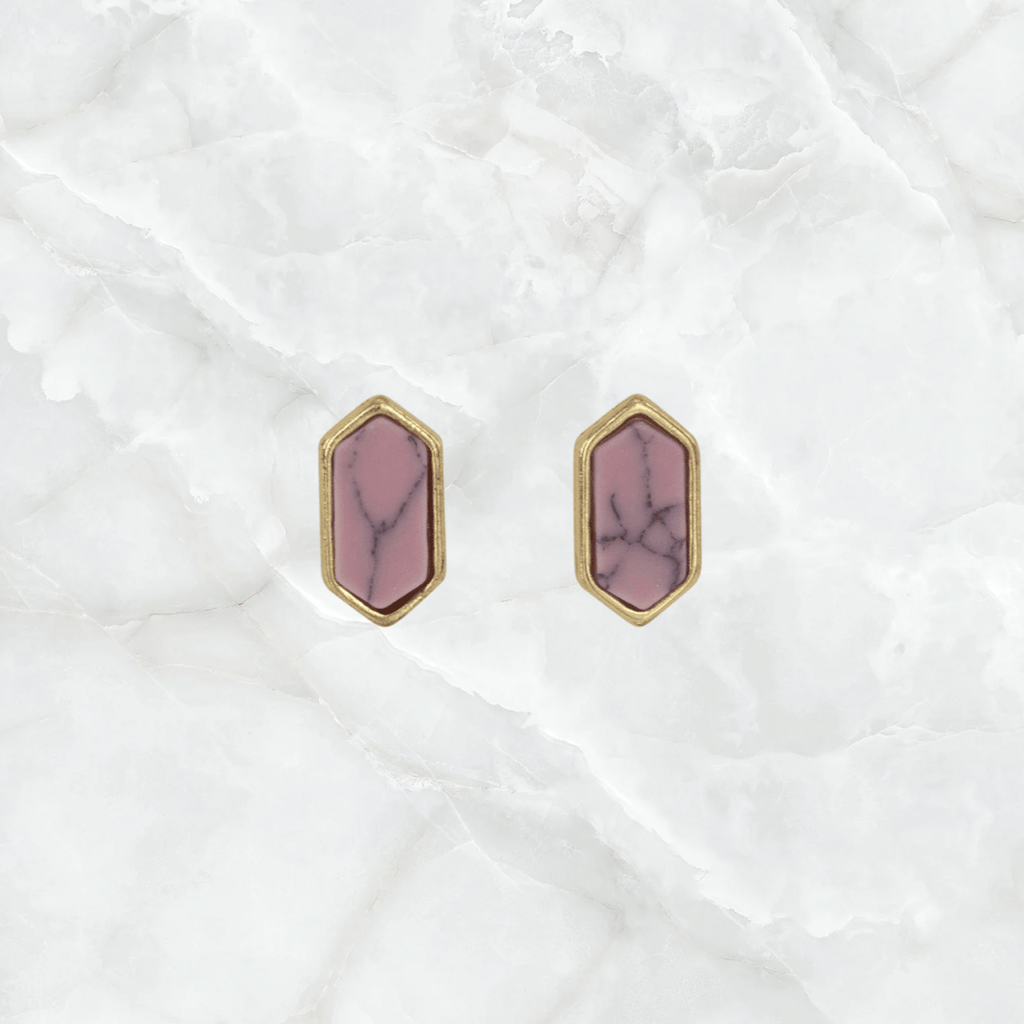 Semi Precious Stone Diamond Shaped Stud Earrings-Pink