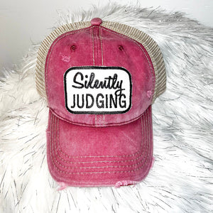 Silently JUDGING Distressed Trucker Hat-Maroon