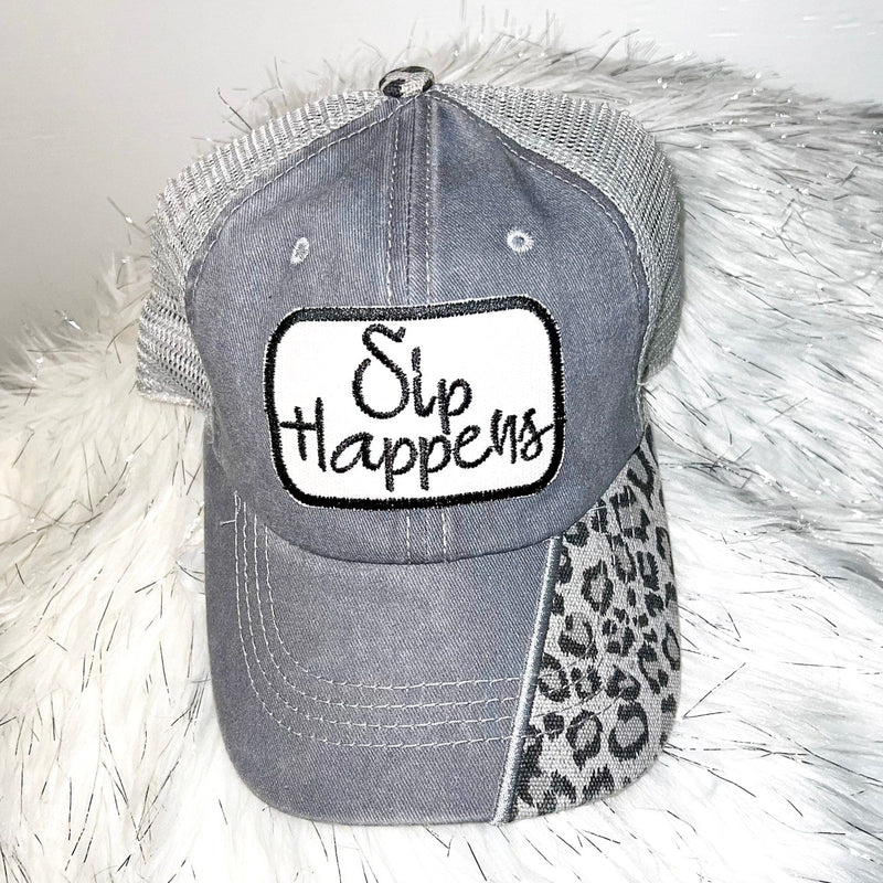 Sip Happens Distressed Ponytail Trucker Hat-Grey Leopard