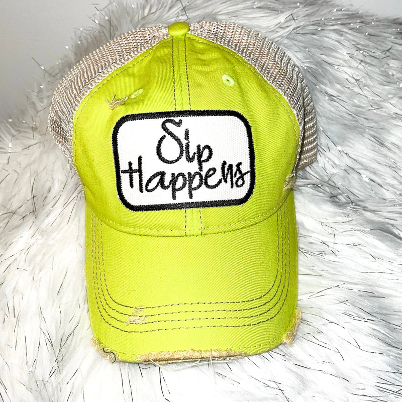 Sip Happens Distressed Trucker Hat-Flourescent Green