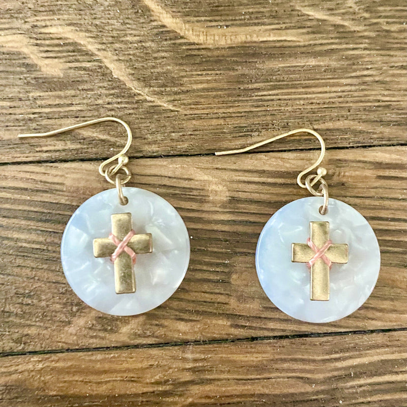 Small Dangle Acetate Circle with Cross Earrings-White