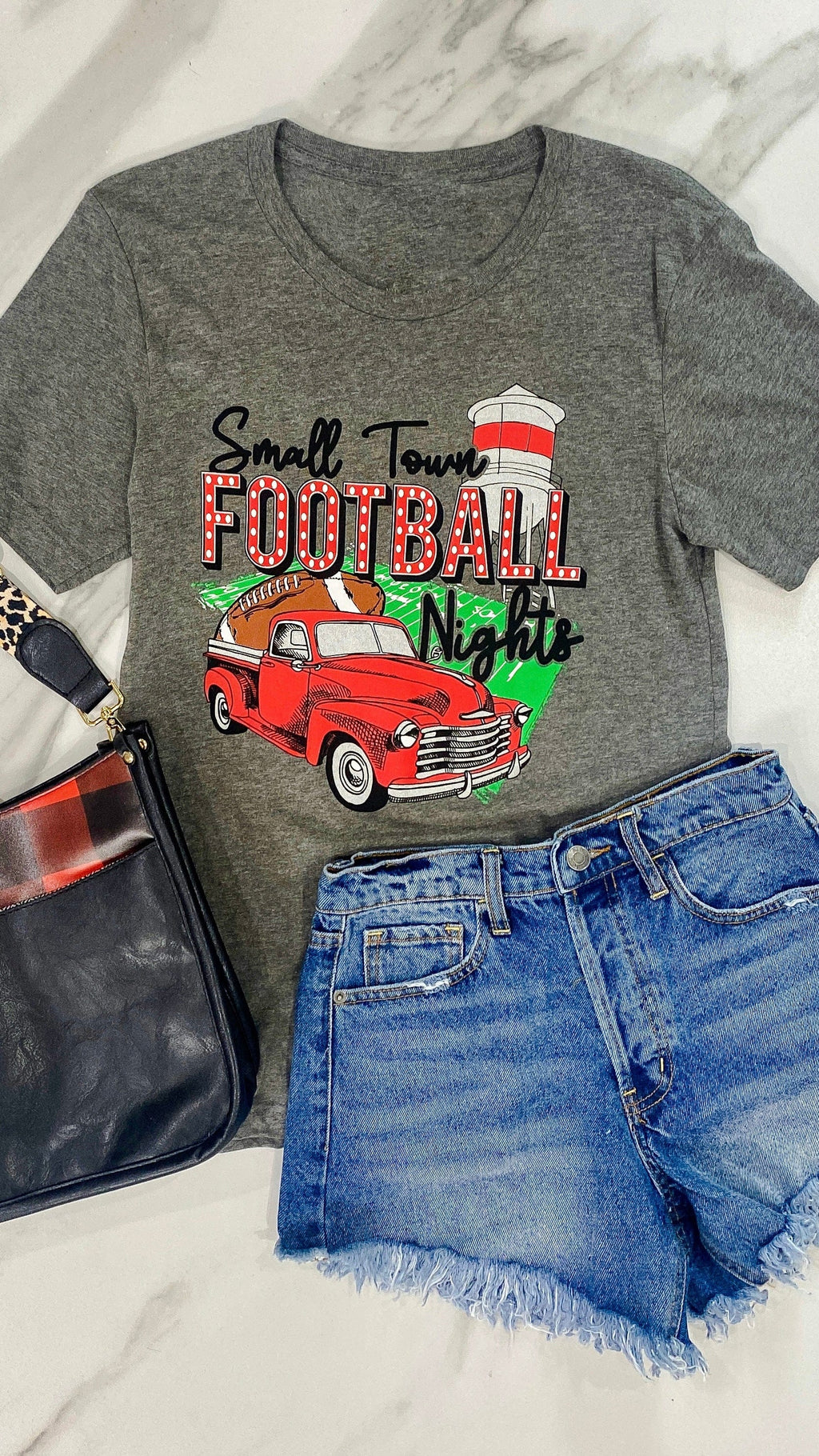 Small Town Football Nights Graphic Tee-Charcoal Gray