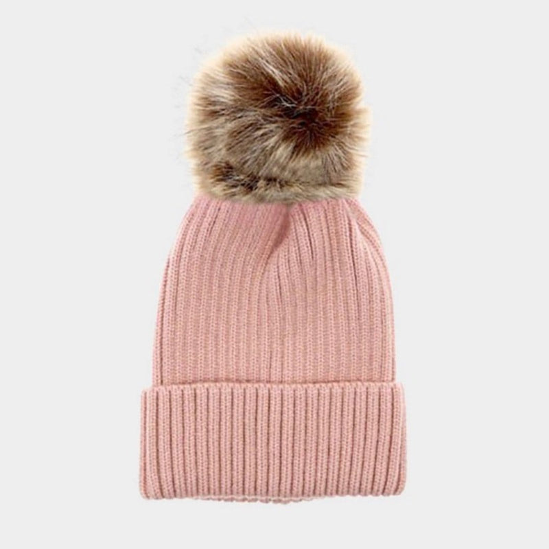 Soft Knit Faux Fur Pom Pom Beanie-Pink