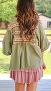 Solid Texture Woven & Print Mixed Cardigan-Sage Green