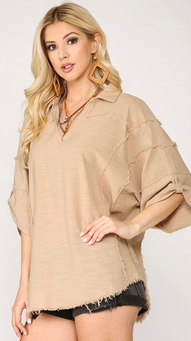 Solid Washed Woven Top-Taupe