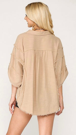 Solid Washed Woven Top-Taupe