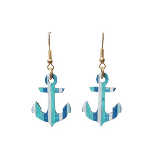 Striped Anchor Dangle Earrings-Blue & White