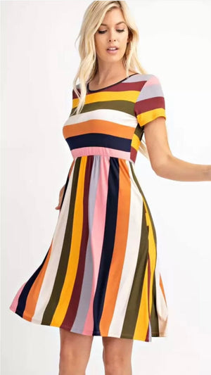 Striped Flare Knit Dress-Burnt Orange Multi