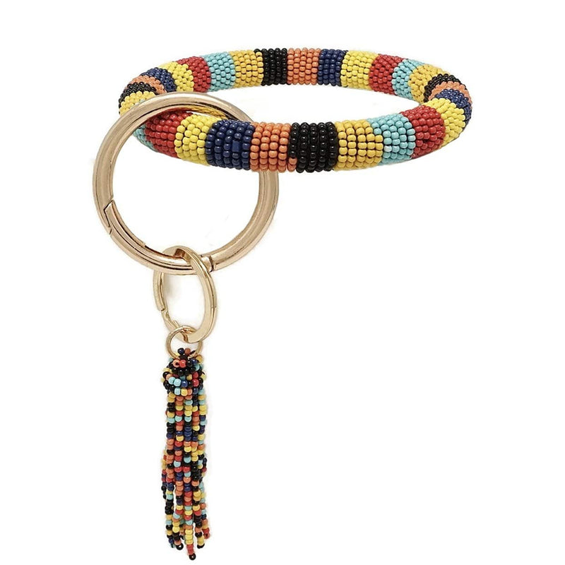 Striped Multicolored Seed Bead Wristlet Keychain Bangle with Tassel