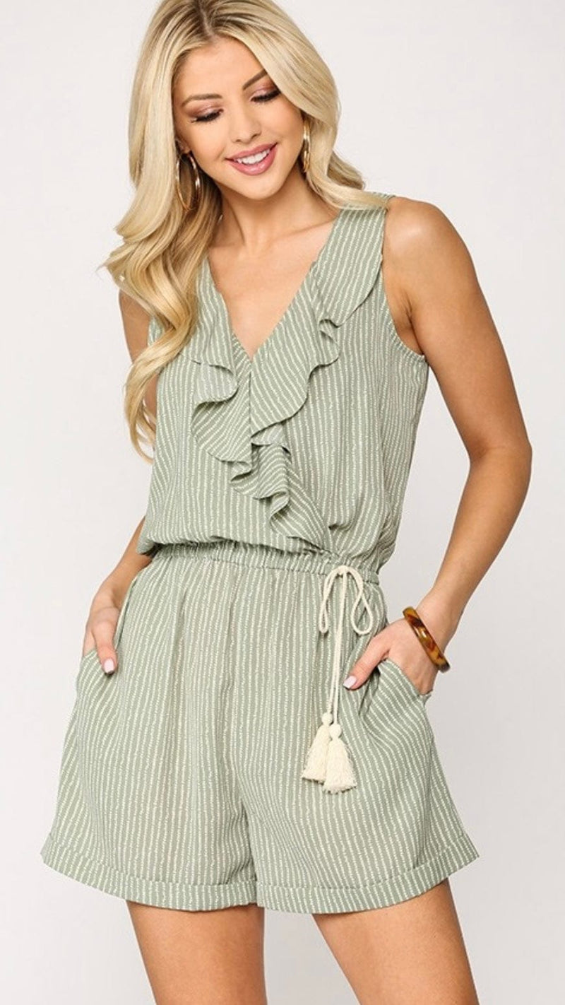 Striped Ruffle Front Romper-Sage