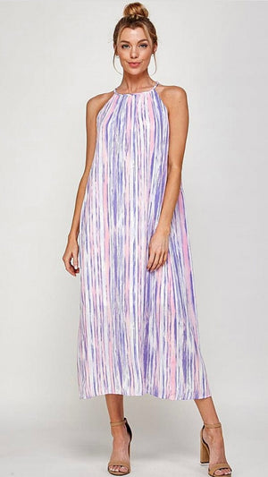 Striped Sleeveless Midi Dress-Lavender/Blush