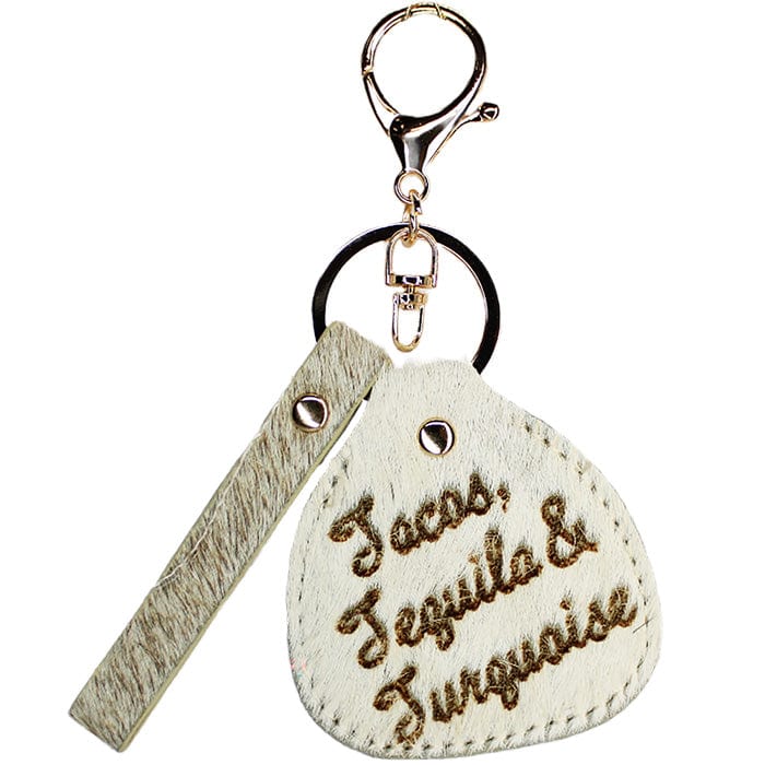 "Tacos, Tequila & Turquoise" Leather Key Chain-Ivory