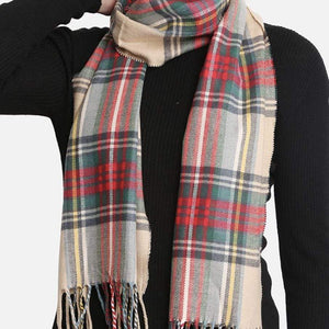 Tartan Pattern Cashmere Feel Oblong Scarf-Beige