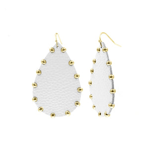 Teardrop Genuine Leather Earrings with Gold Stud Border-White