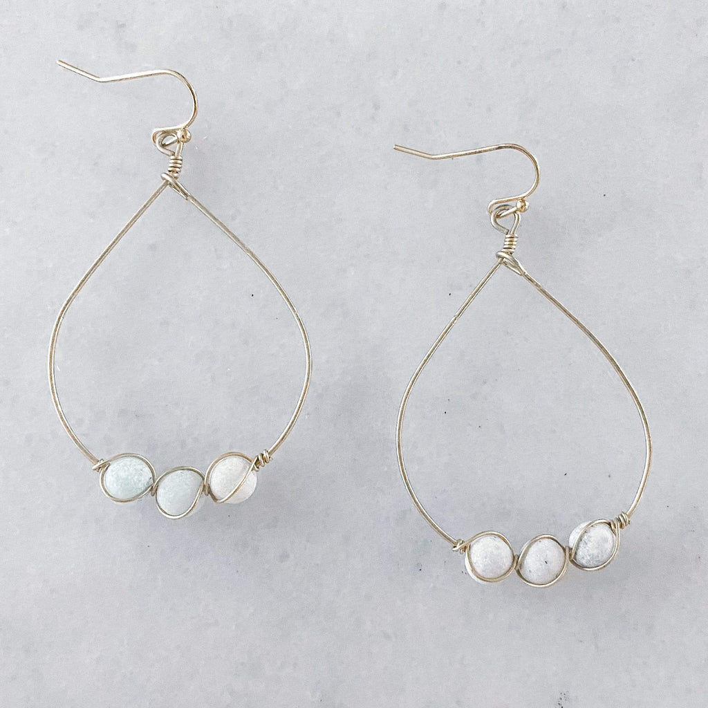 Three Natural Stone Wire Teardrop Earrings-White