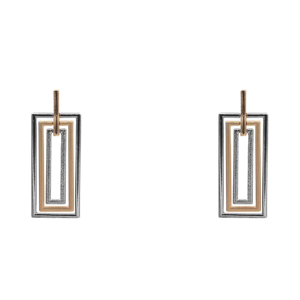 Tricolor Rectangle Dangle Earrings-Silver, Gold, Rose Gold