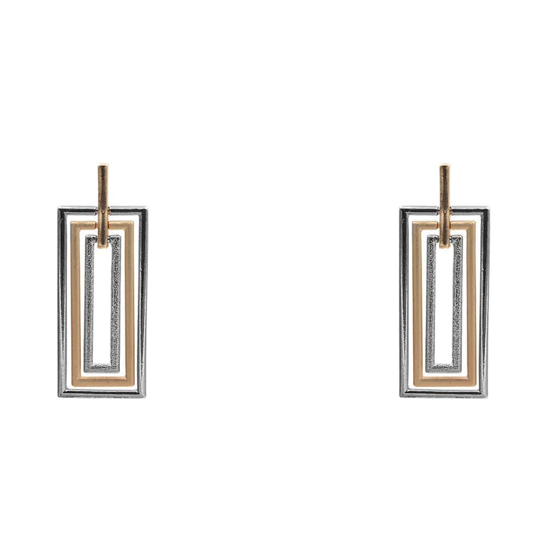 Tricolor Rectangle Dangle Earrings-Silver, Gold, Rose Gold