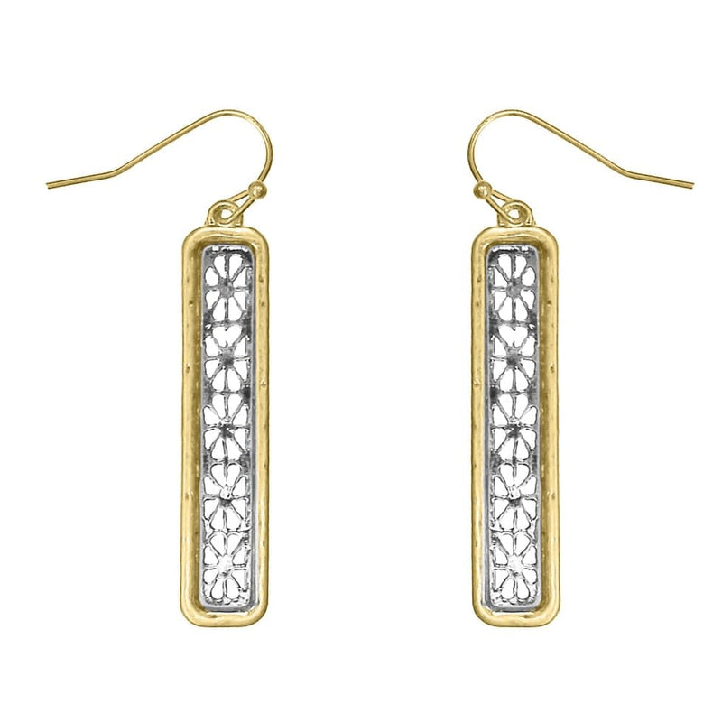 Two-Tone Filagree Bar Earrings-Silver/Gold