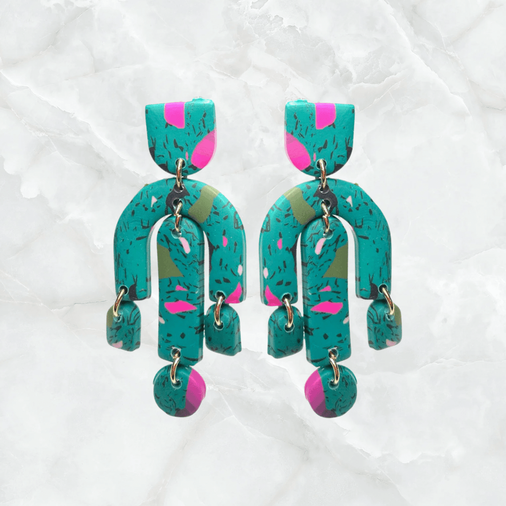 U Shaped Polymer Clay Post Drop Earrings-Teal/Hot Pink