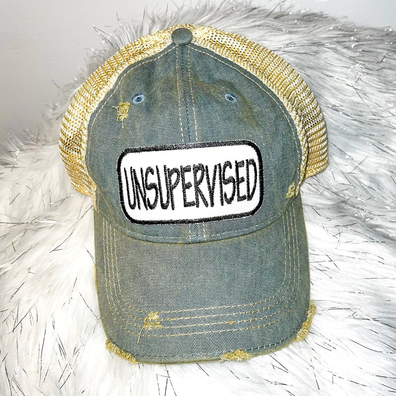 UNSUPERVISED Distressed Trucker Hat-Light Blue Denim