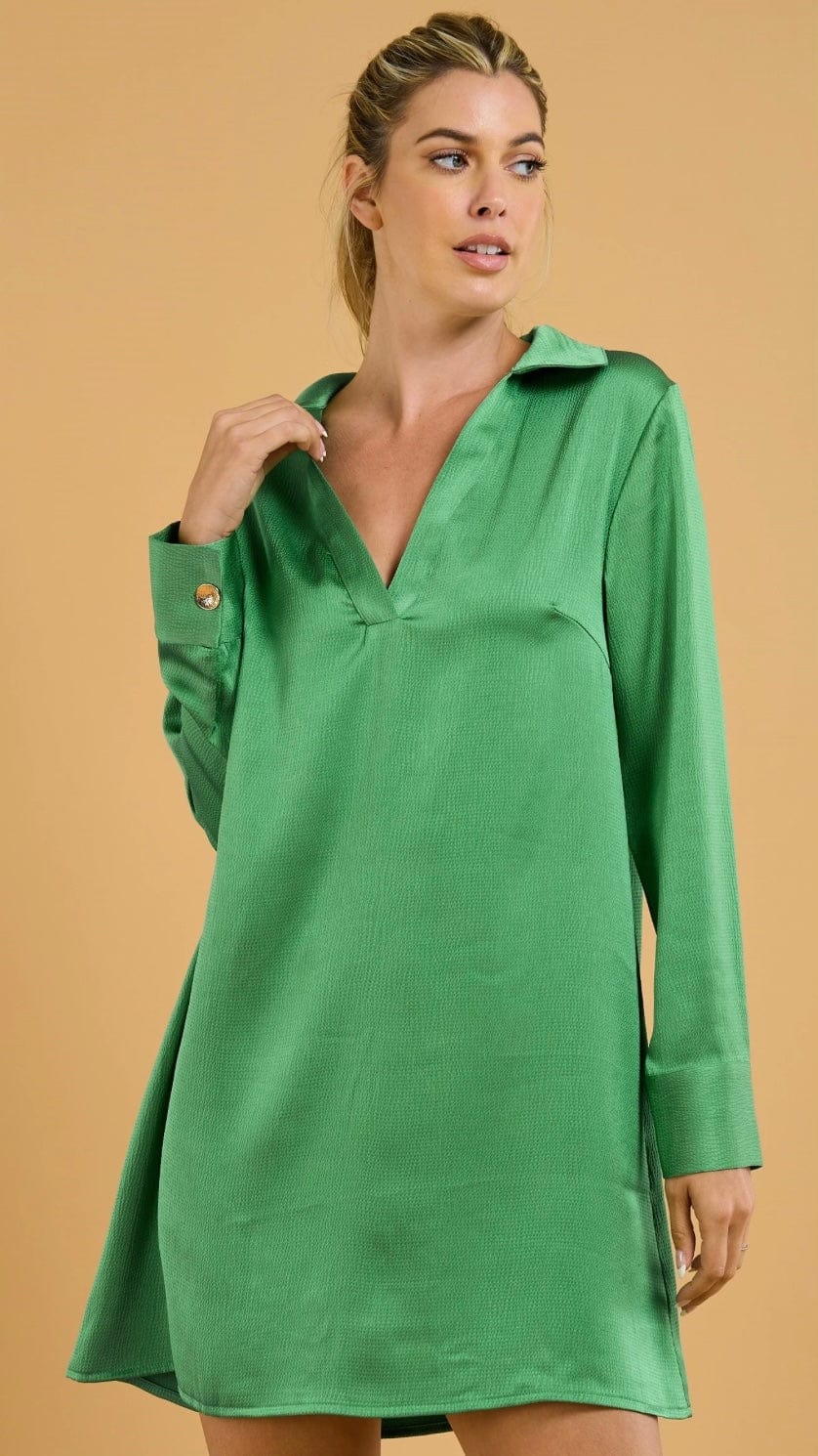 V Neck Lapel Collar Mini Dress-Green