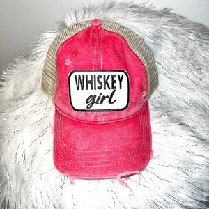 WHISKEY girl Distressed Trucker Hat-Red