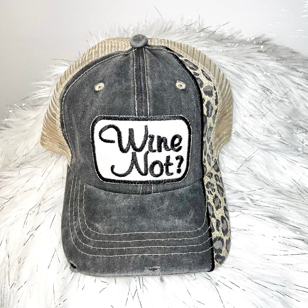 Wine Not? Distressed Trucker Hat-Black Leopard