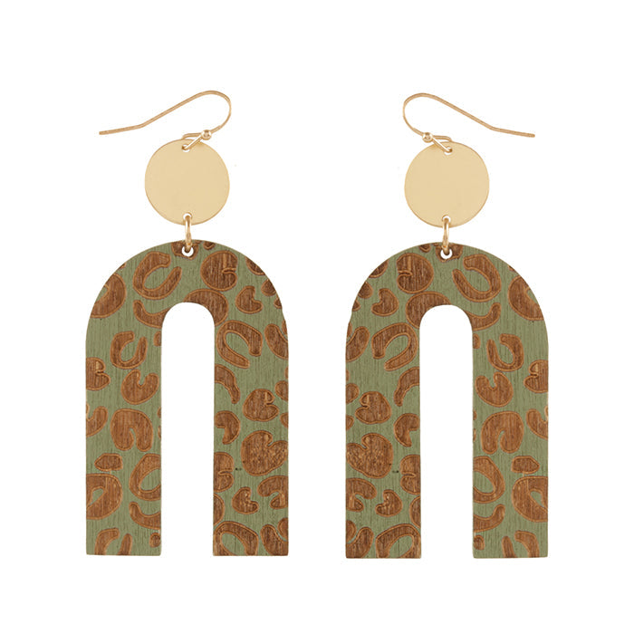 Wooden Arch Animal Print Dangle Earrings-Sage