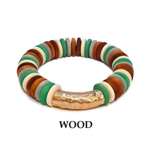 Wooden Disc Stretch Bracelet with Hammered Metal-Mint/Brown