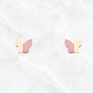 Wooden Flower Stud Earrings-Pink/Gold