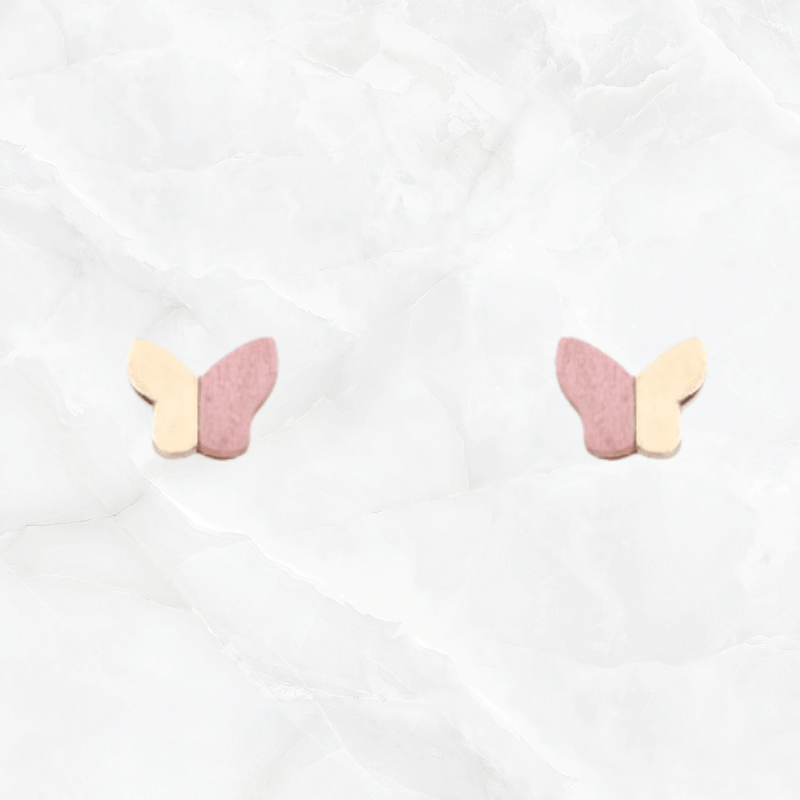 Wooden Flower Stud Earrings-Pink/Gold